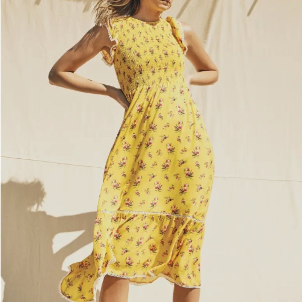 Lost + Wander Daffodil Yellow Smocked Midi Dress - M